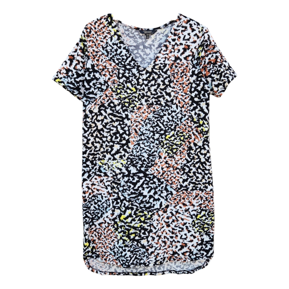 Christian Siriano NY Women's Short Sleeve V-Neck Printed Stretch Tunic Dress EUC